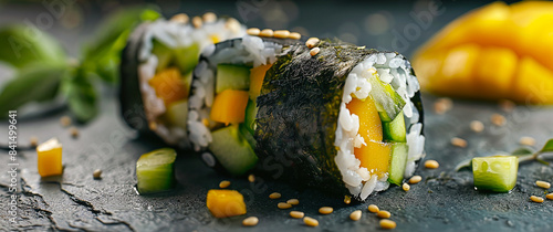 Tropical fruit sushi roll made with seaweed sticky rice and mango, avocado and cucumber filling. photo