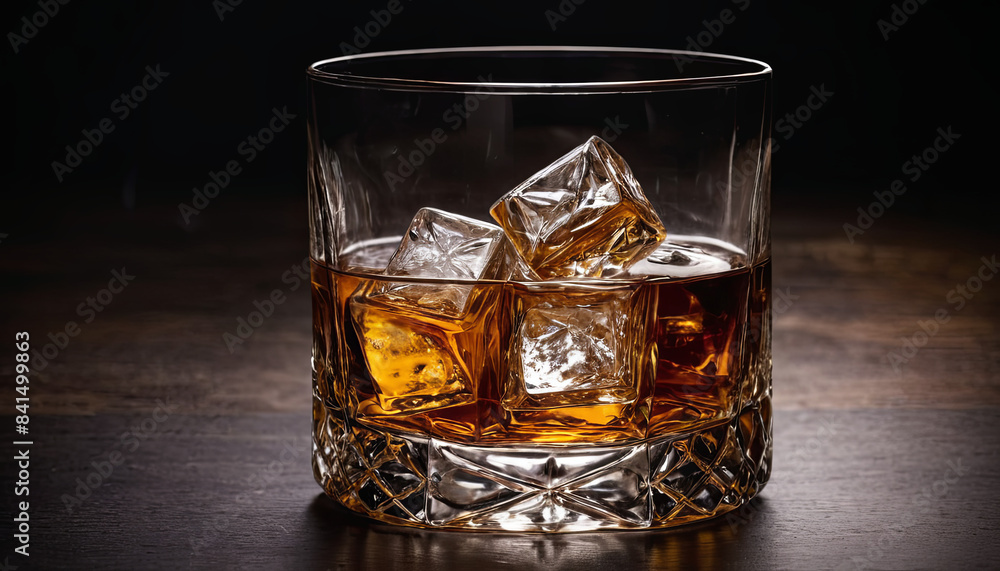 A close-up image of a glass of whiskey with ice cubes, sitting on a wooden table. The glass is clear and has a decorative pattern A close-up image of a glass of whiskey with ice cubes, sitting on a wooden table. The glass is clear and has a decorative pattern