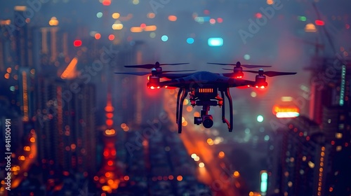 High tech security drone patrolling an urban area at night technology concept