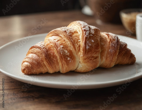 Un croissant perfettamente sfogliato con strati visibili e ariosi. 