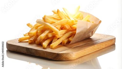 French fries in the package on the wood chopping block with sunshin isolated on white background photo