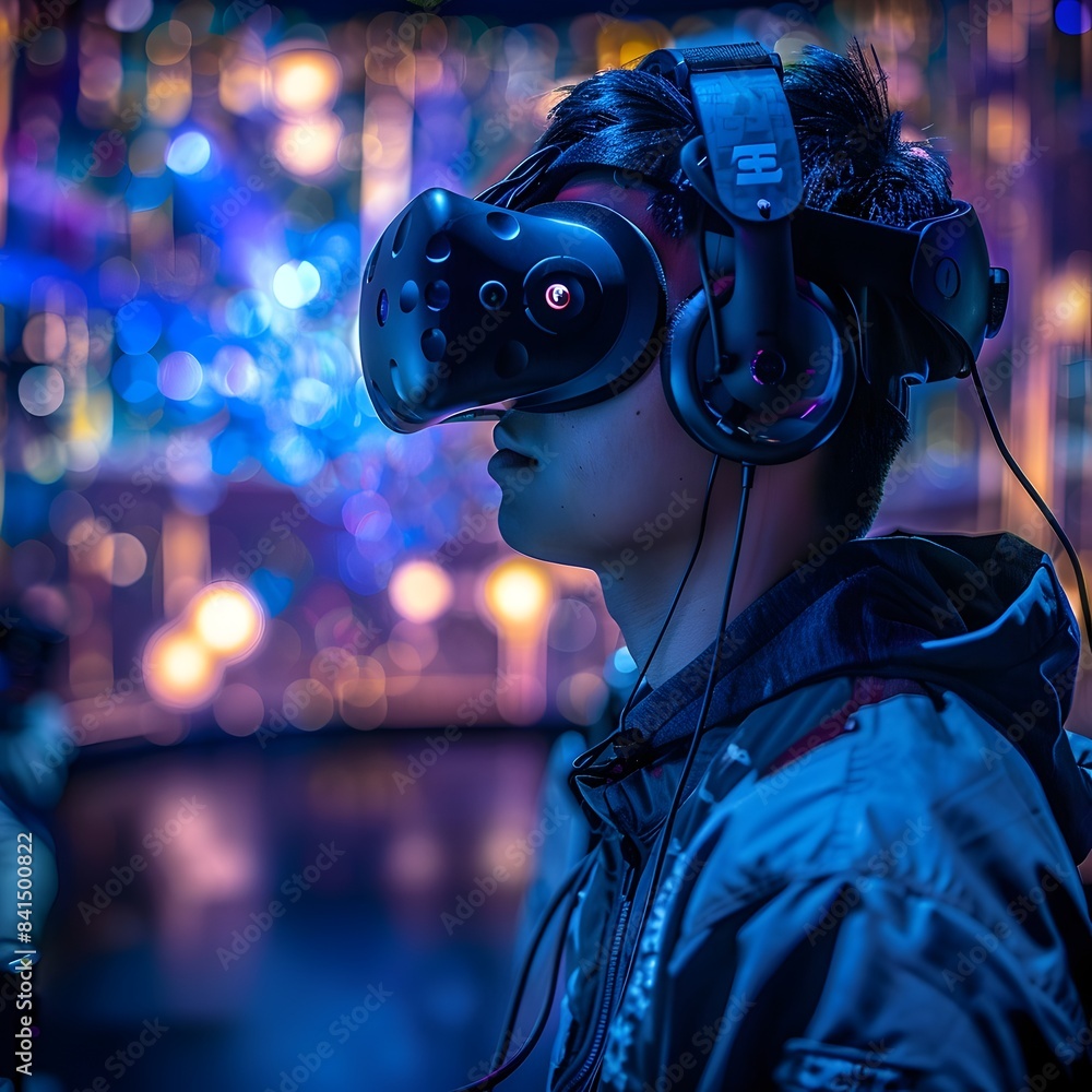 Futuristic Virtual Reality Gaming Setup with Player Fully Immersed in Digital World Futuristic Virtual Reality Gaming Setup with Player Fully Immersed in Digital World