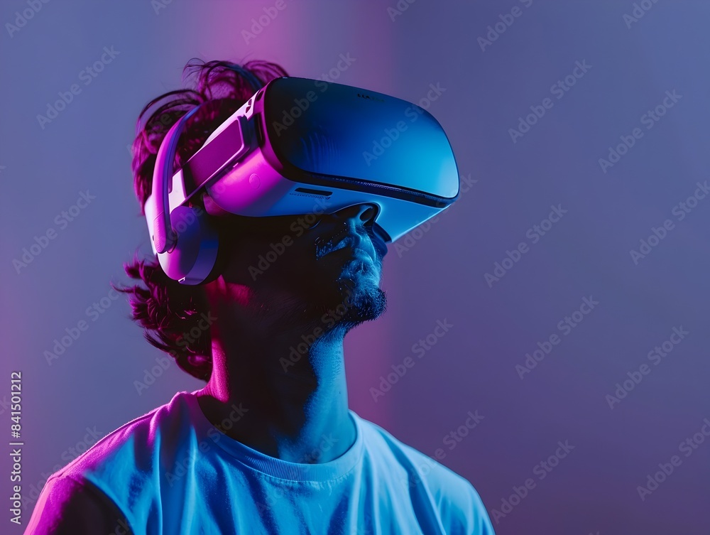 Man Using Virtual Reality Headset for Immersive Educational Experience Technology Concept Man Using Virtual Reality Headset for Immersive Educational Experience Technology Concept