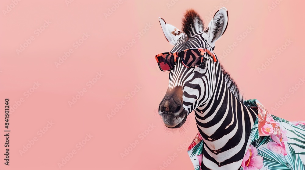 A chic zebra donning a Hawaiian shirt and sunglasses strolling along the sandy beach. A chic zebra donning a Hawaiian shirt and sunglasses strolling along the sandy beach.