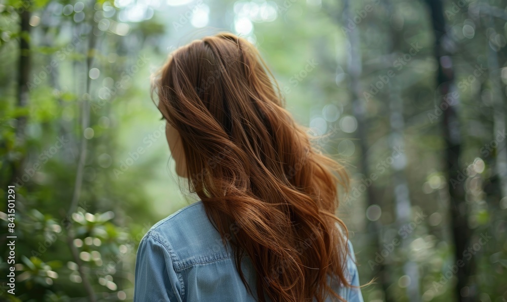 A woman with chestnut brown hair in the forest, back view A woman with chestnut brown hair in the forest, back view