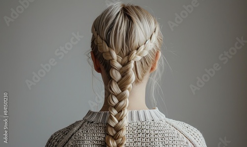 A woman with blonde hair, her hair braided intricately, back view