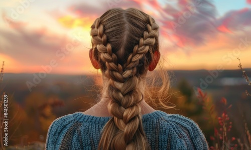 A woman with blonde hair, her hair braided intricately, with sunset on background, back view photo