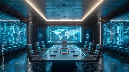 Futuristic High Tech Conference Room with Virtual Reality and Holographic Presentations