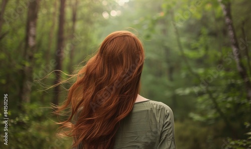 A woman with chestnut brown hair in the forest, back view photo