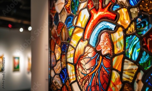 Stained glass artwork depicting a human heart  closeup