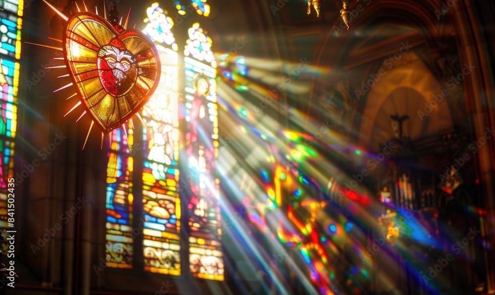 Stained glass masterpiece depicting a human heart, hanging in a grand cathedral Stained glass masterpiece depicting a human heart, hanging in a grand cathedral