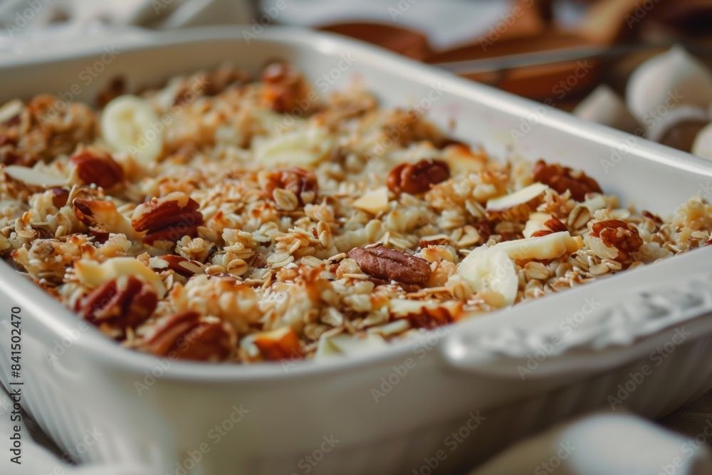 Gourmet oatmeal bake with pecans and almonds in a white dish Gourmet oatmeal bake with pecans and almonds in a white dish