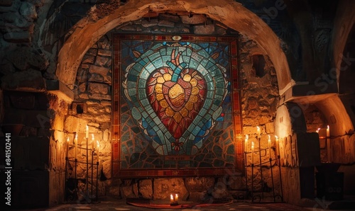 Stained glass masterpiece depicting a human heart  hanging in a grand cathedral