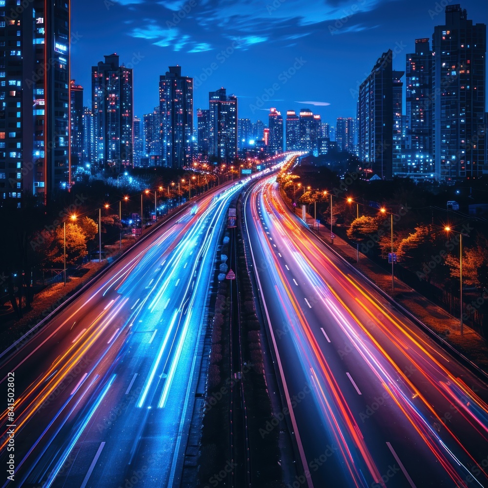 High-speed light trails moving blurred against the city skyline background, representing fast digital technology and urban life. Abstract concept of speed on the highway with long exposure effect. High-speed light trails moving blurred against the city skyline background, representing fast digital technology and urban life. Abstract concept of speed on the highway with long exposure effect.
