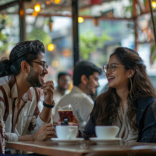 A man and a woman are sitting at a table in a cafe, smiling and laughing