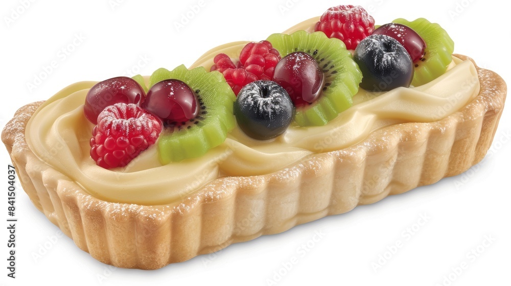 Fresh fruit tart with creamy filling on a white background Fresh fruit tart with creamy filling on a white background