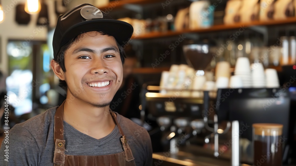 Cheerful barista wearing apron and cap standing in coffee shop. Small business owner. Cheerful barista wearing apron and cap standing in coffee shop. Small business owner.