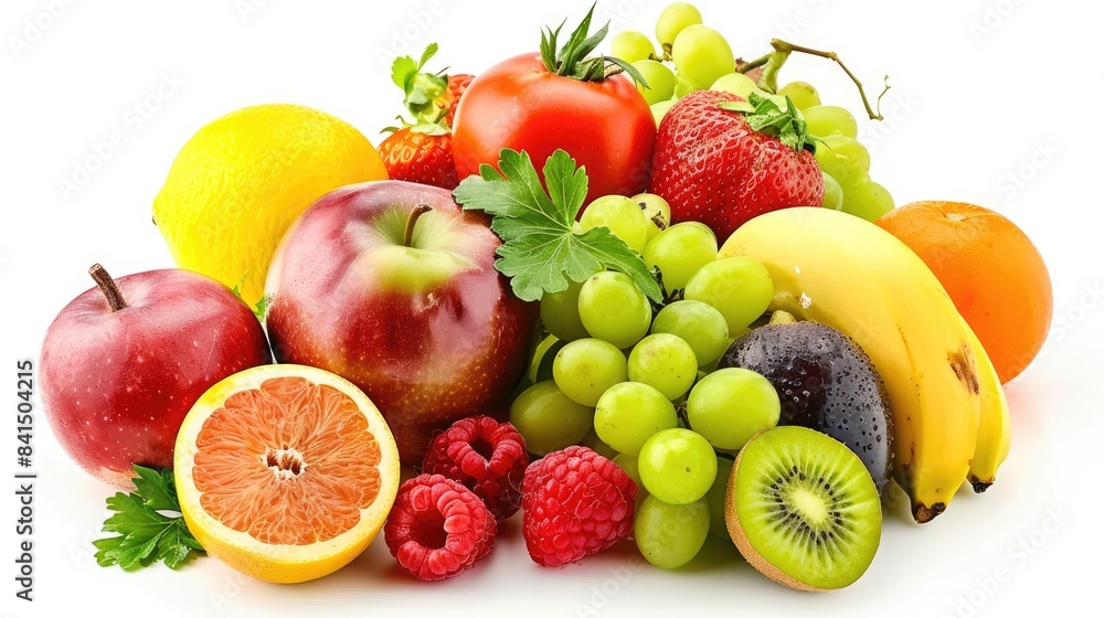 Fresh fruits and vegetables image on a white background promoting a healthy diet Fresh fruits and vegetables image on a white background promoting a healthy diet