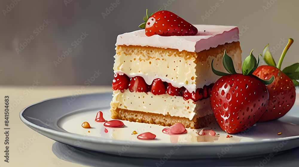 Watercolor Painting Slices of strawberry cake on a plate Watercolor Painting Slices of strawberry cake on a plate
