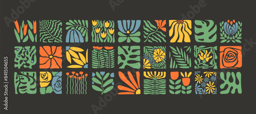 Acid abstract contemporary floral elements, pop art nature tiles for design, banners, printable. Fashion modern flower decor, funny racy vector plant