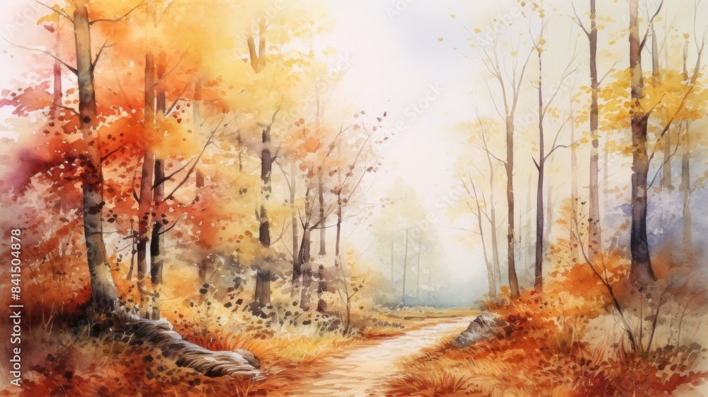 A painting of a forest with autumn leaves on the ground