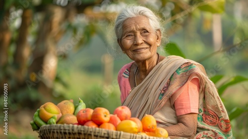Elderly Asian woman with fresh fruit basket outdoors