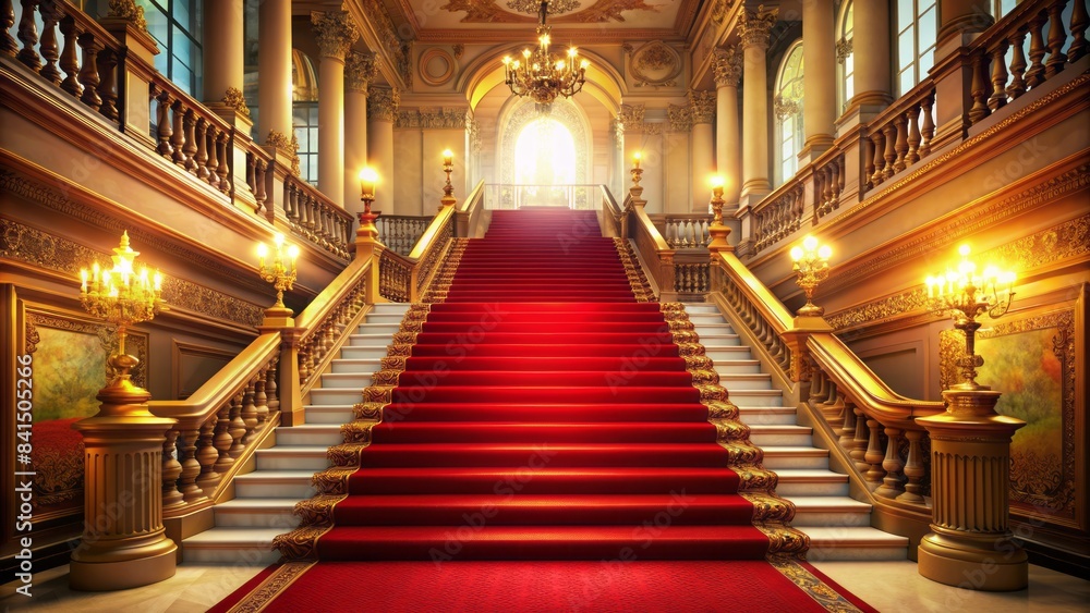 Obraz premium Luxurious crimson carpet unfolding like a velvety ribbon, studded with golden stanchions, against a backdrop of ornate, gilded balustrades and soft, spotlight glow.