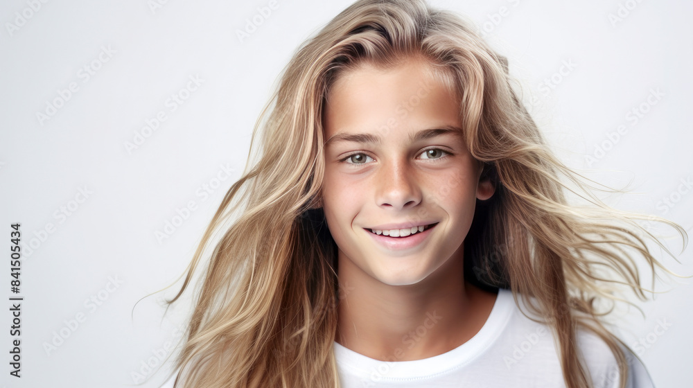 Fototapeta premium Portrait of a happy smiling blond, long haired confident teenage guy with perfect skin, white background, banner.