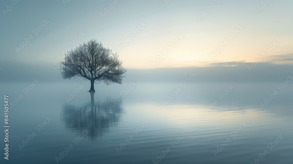 Lone tree stands amidst misty lake, reflecting the serene beauty of sunrise in tranquil surroundings Lone tree stands amidst misty lake, reflecting the serene beauty of sunrise in tranquil surroundings
