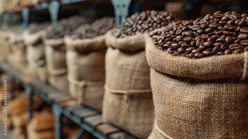 Obraz premium A burlap sack overflows with freshly roasted coffee beans, exuding rich aroma and inviting morning energy