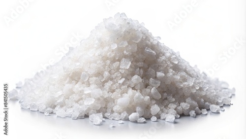 A pristine, isolated heap of crystalline salt glistens on a vibrant white background, its granular texture and subtle shadows evoking a sense of simplicity and elegance.