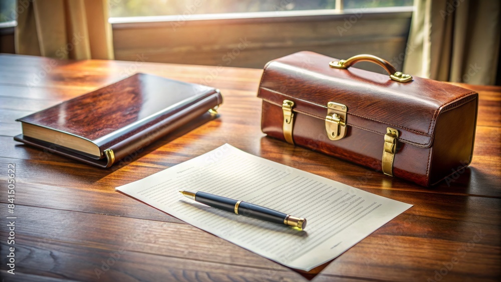 A polished wooden desk with a formal contract lies open, accompanied by a pen and a briefcase, surrounded by papers and a miniature life insurance policy model. A polished wooden desk with a formal contract lies open, accompanied by a pen and a briefcase, surrounded by papers and a miniature life insurance policy model.