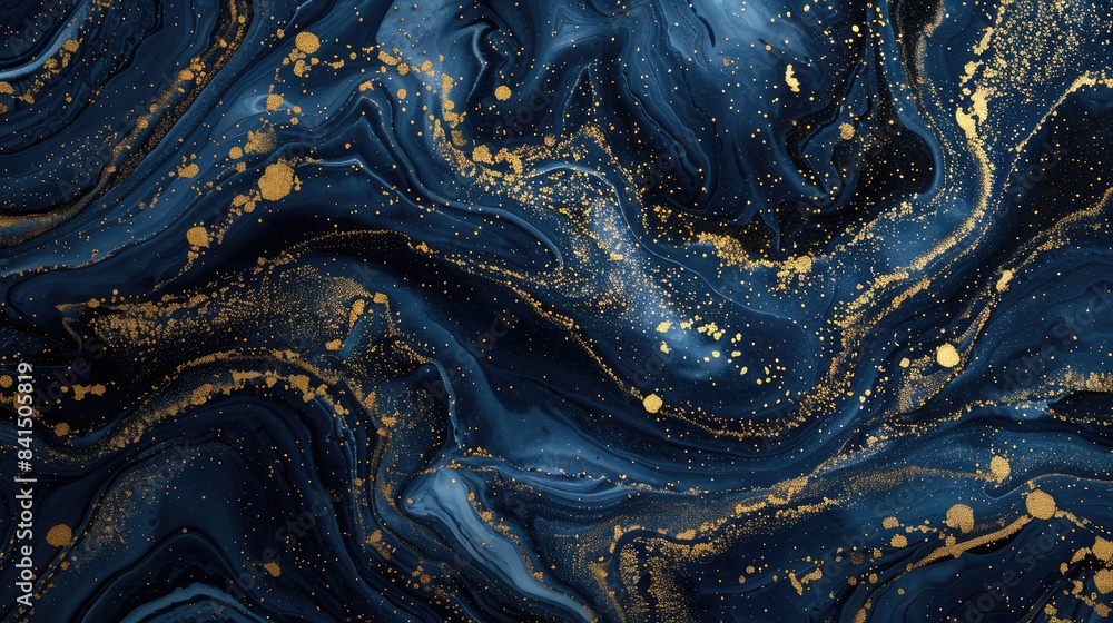 Navy blue and gold marbled ink painting with luxurious textures, showcasing dark waves and splashes of gold paint. Navy blue and gold marbled ink painting with luxurious textures, showcasing dark waves and splashes of gold paint.