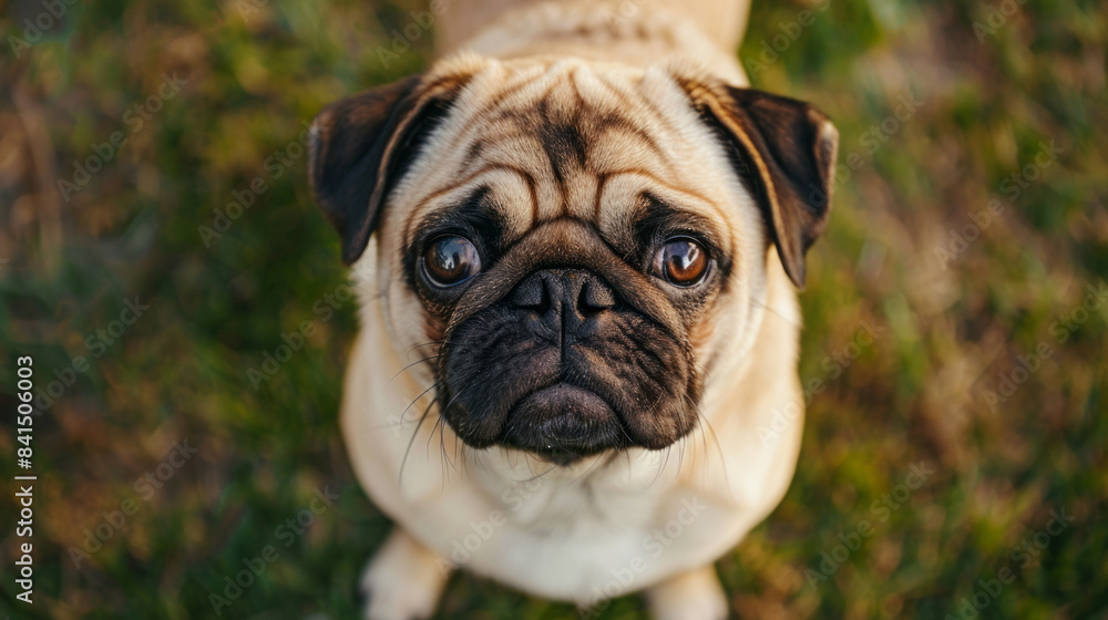 Cute pug dog standing on grass looking up with big eyes Cute pug dog standing on grass looking up with big eyes