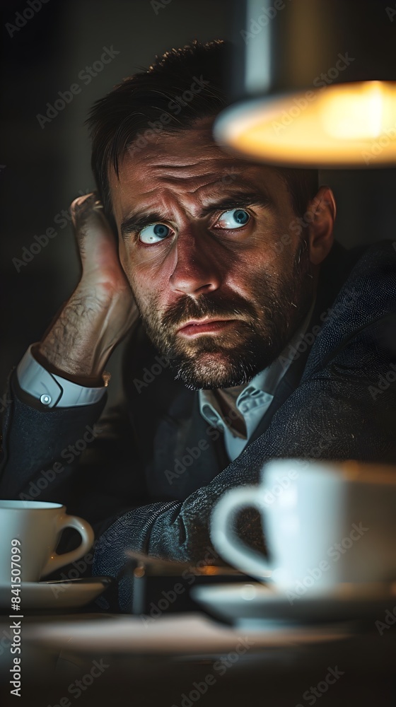 Overworked Businessman Working Late at Office with Exhausted Expression Overworked Businessman Working Late at Office with Exhausted Expression