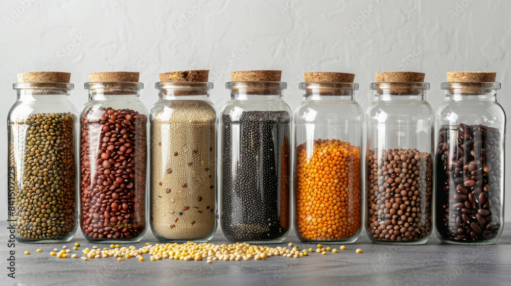 Glass jars filled with various legumes and dried beans Glass jars filled with various legumes and dried beans