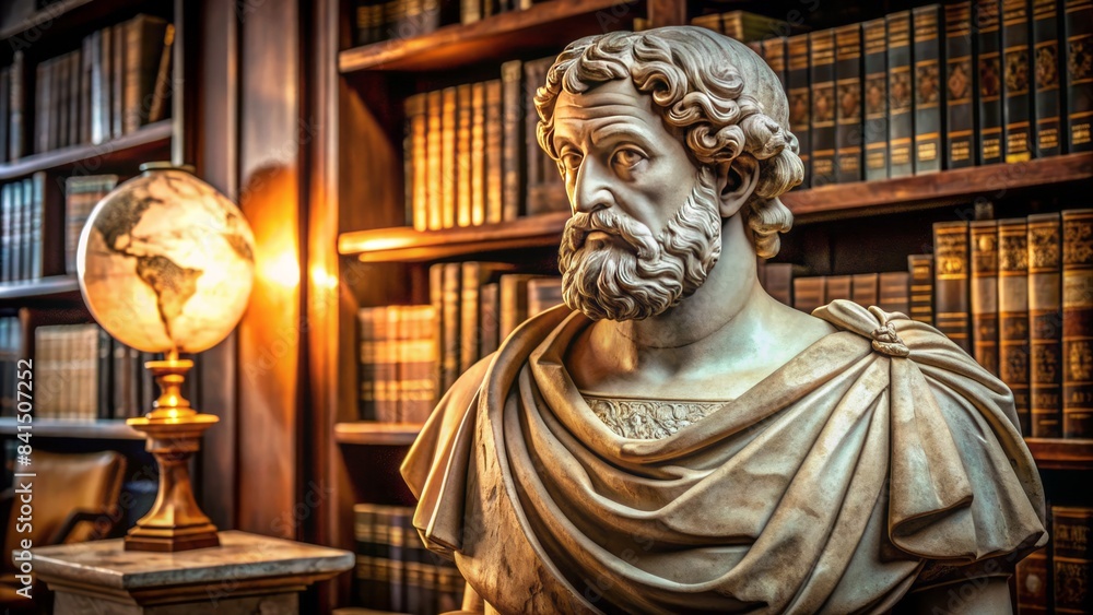 Ancient marble bust of aristotle, greek philosopher, on a pedestal, surrounded by open books, scrolls, and globes, in a dimly lit, ornate, classical setting. Ancient marble bust of aristotle, greek philosopher, on a pedestal, surrounded by open books, scrolls, and globes, in a dimly lit, ornate, classical setting.