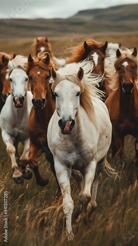 Herd of Horses Galloping Freely in Open Field Manes Flowing in the Wind