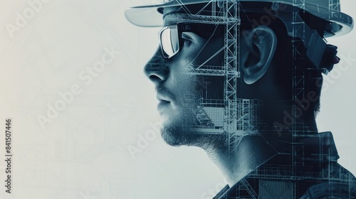 Profile of a male construction engineer with transparent architectural blueprints overlaid, demonstrating his architectural skills.