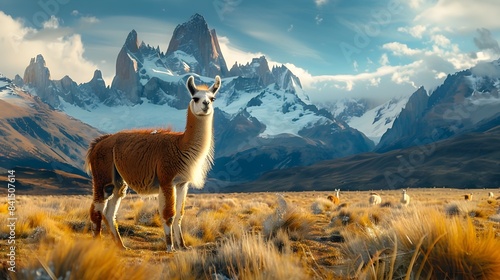 Llamas Grazing in a Majestic Andean Landscape with Snow Capped Mountains