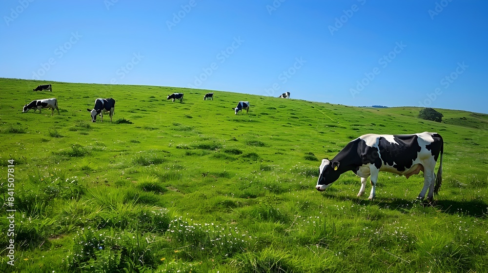 Lush Green Hillside with Grazing Dairy Cows and Clear Blue Sky Scenic Pastoral Landscape Lush Green Hillside with Grazing Dairy Cows and Clear Blue Sky Scenic Pastoral Landscape