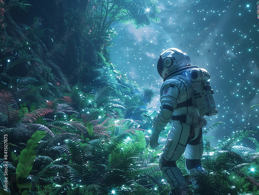 A futuristic astronaut exploring a lush, alien rainforest, with bioluminescent plants A futuristic astronaut exploring a lush, alien rainforest, with bioluminescent plants