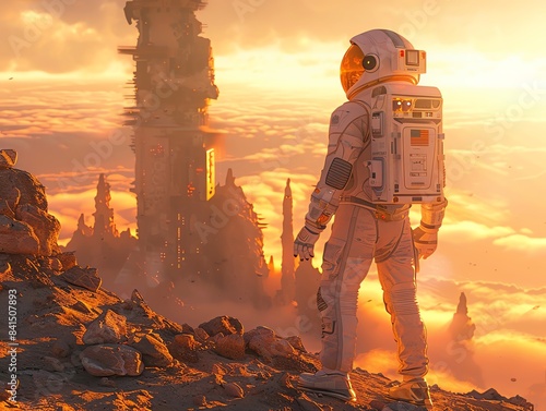 A futuristic astronaut exploring an ancient alien ruin on a rocky planet photo