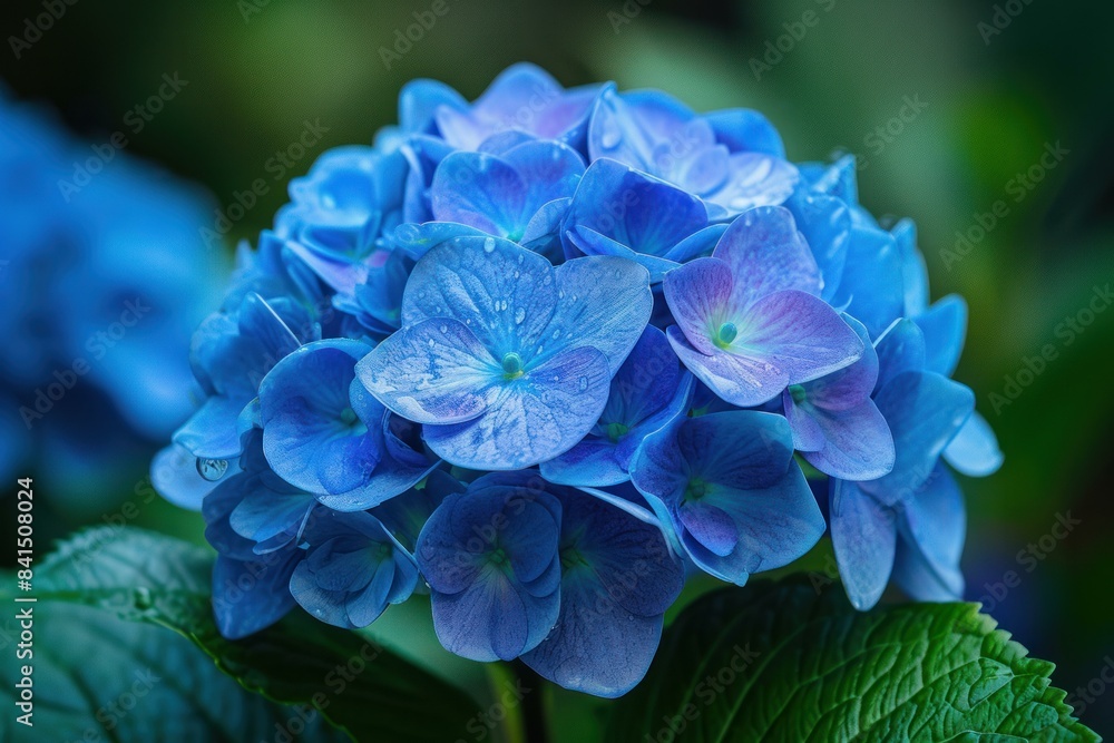 Detailed shot of fresh blue hydrangea flowers with natural green leaves backdrop Detailed shot of fresh blue hydrangea flowers with natural green leaves backdrop