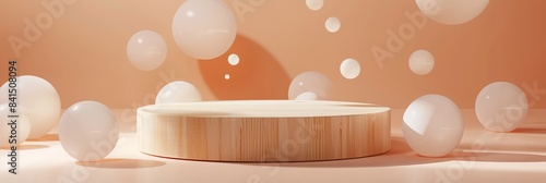 Mminimal wooden pedestal for product presentation in solid colour background, fullcolour balloon around. photo