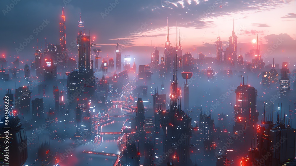 Fototapeta premium A futuristic cityscape on a distant exoplanet, with advanced architecture and glowing lights