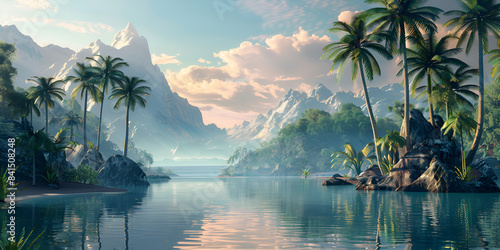 tropical island scene with a calm body of water, lush greenery, and majestic mountains in the background. © Saim