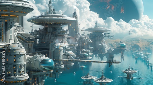 A futuristic colony on an ocean planet, with floating cities and advanced technology