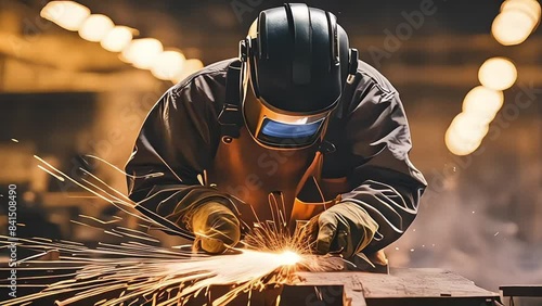 Mechanic or welder welds metal materials together by hand using a welding machine according to a design plan -ai generated photo