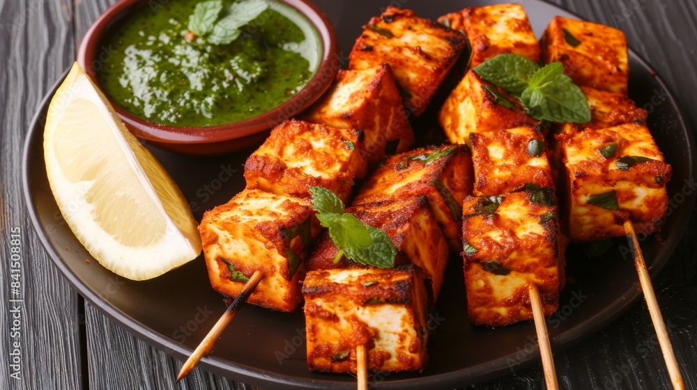 A plate of spicy and flavorful paneer tikka, featuring marinated and grilled cubes of Indian cottage cheese, served with mint chutney and lemon wedges A plate of spicy and flavorful paneer tikka, featuring marinated and grilled cubes of Indian cottage cheese, served with mint chutney and lemon wedges